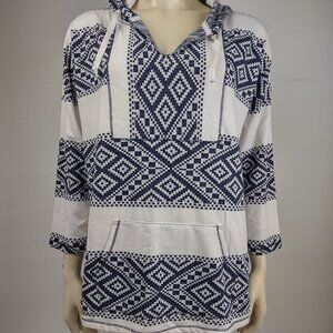 NWT Lucky Brand blue white Aztec print hooded pullover top ladies Large